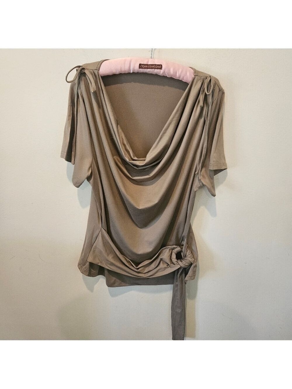 Shein Women's Taupe Sweetra Tie Shoulder, Cowl Neck & Knot Detail Blouse 2X